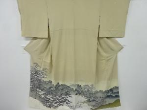 リサイクル　作家物　手描友禅寺院風景模様三つ紋色留袖(比翼付き)
